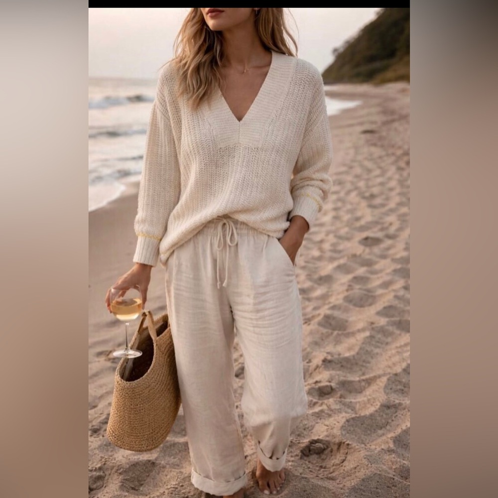 NWOT CAbi Croquet Cozy V-Neck Cream Knit Sweater Pullover Cotton Size Large - Picture 2 of 11